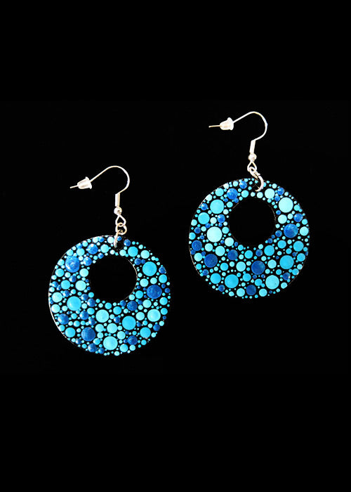 circular  earrings with mandala dots in various shades of blue by denise turner